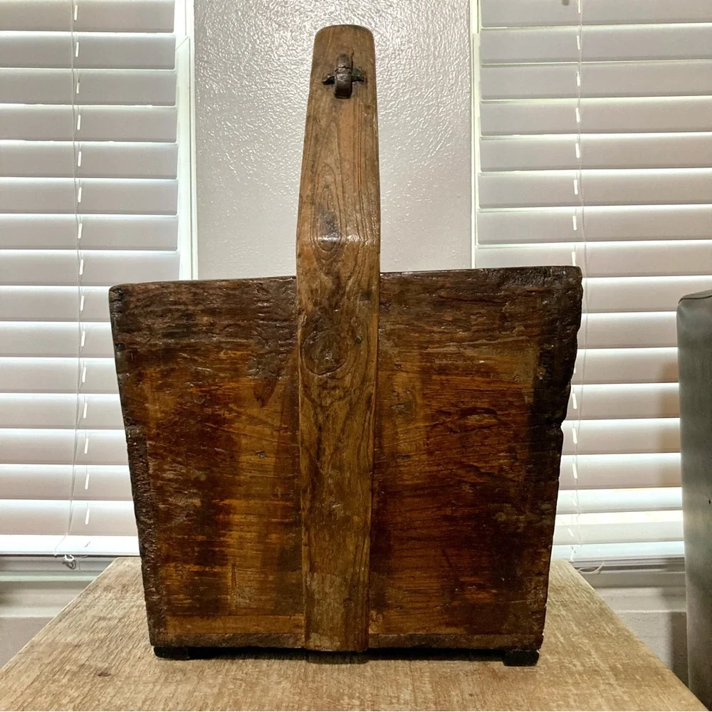 Big Wooden Rice Basket Bucket Rustic Distressed Farmhouse Decor